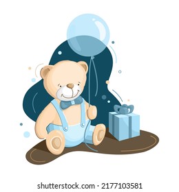 Cute teddy bear with a blue balloon. Baby shower vector illustration isolated on white background. Cartoon vector illustration, for boys