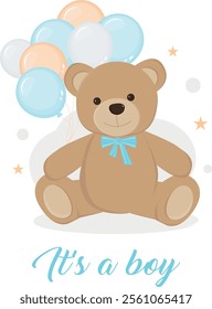 Cute teddy bear with blue bow and balloons. Bear plush toy. It's a boy concept. Composition for birthday card, invitation, party, baby shower, cover, banner. Vector illustration on white background. 