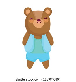 Oso de peluche bonito con ropa azul caricatura animal ilustración vectorial