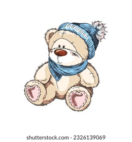 Cute teddy bear in blue scarf and hat, hand drawn sketch vector illustration isolated on white background. Adorable vintage toy for kids with engraving texture. Retro stuffed animal.