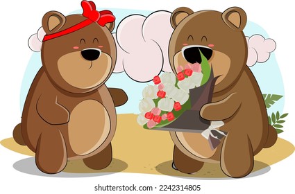 cute teddy bear bought a beautiful bouquet of flowers and gave it to his girlfriend