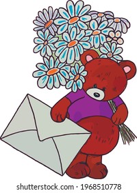 cute teddy bear with a bouquet of flowers and a large envelope