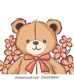 A cute teddy bear with a bow stands amidst a colorful array of flowers in a playful illustration