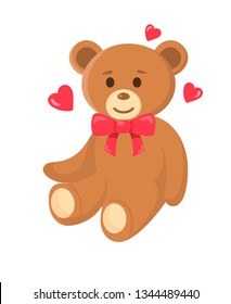 Cute Teddy Bear with Bow tie Vector Illustration. Soft Plush Toy Cartoon Character. Stuffed Plaything Flat Color Drawing. Valentine day gift. Toy Store, Gift Shop Isolated Design element