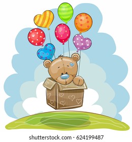Cute Teddy Bear in the box is flying balloons
