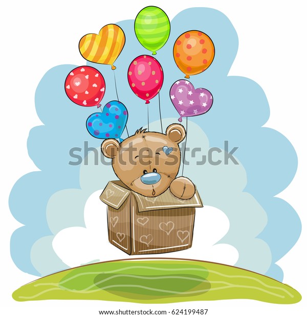 teddy bear flying with balloons