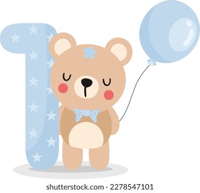 Cute teddy bear boy with balloon to celebrate happy 1st year or 1st month
