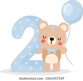 Cute teddy bear boy with balloon to celebrate happy 2st year or 2st month
