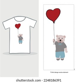 Cute teddy bear boy with holding red heart balloon illustration