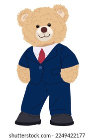 Cute Teddy Bear boy wearing suit and tie. Adorable children's cartoon character for birthday, Valentine's Day greeting card, invitation, sticker. Flat vector illustration isolated on white background.