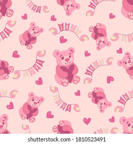 Oso de peluche y brds con signo de amor sin fisuras en fondo rosa. Ilustración vectorial dibujada a mano con osos de juguete para tarjetas de felicitación del día de San Valentín, cumpleaños y papel de envoltura.