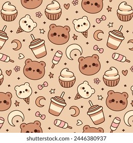 Cute teddy bear brown doodle seamless pattern wallpaper