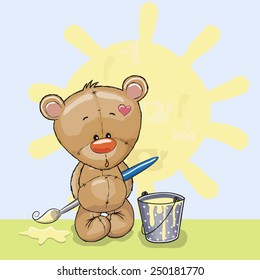 Cute Teddy Bear with brush is drawing a sun 