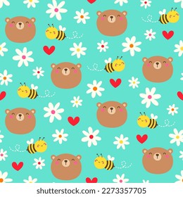 Cute teddy bear, bumble bee, flower and heart seamless pattern background.