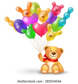 Cute teddy bear with a bunch of of bright balloons unusual shaped, festive icon or greeting card template