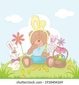 Cute Teddy bear with bunny ears sits on the meadow and eats carrots. Colorful Easter vector illustration