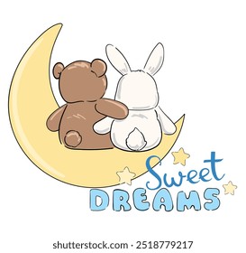 Cute teddy bear with cute bunny on the moon, vector illustration, Hand Drawn Cute kids fashion artworks, baby graphics prints for pajamas 