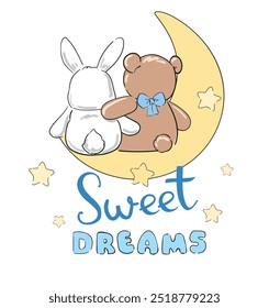 Cute teddy bear with cute bunny on the moon, vector illustration, Hand Drawn Cute kids fashion artworks, baby graphics prints for pajamas 