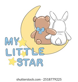 Cute teddy bear with cute bunny on the moon, vector illustration, Hand Drawn Cute kids fashion artworks, baby graphics prints for pajamas 