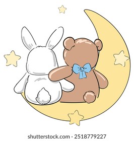 Cute teddy bear with cute bunny on the moon, vector illustration, Hand Drawn Cute kids fashion artworks, baby graphics prints for pajamas 