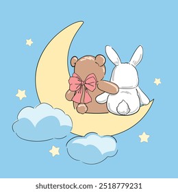 Cute teddy bear with cute bunny on the moon, vector illustration, Hand Drawn Cute kids fashion artworks, baby graphics prints for pajamas 