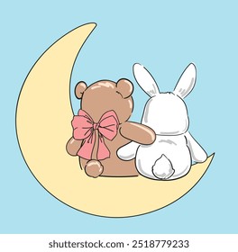 Cute teddy bear with cute bunny on the moon, vector illustration, Hand Drawn Cute kids fashion artworks, baby graphics prints for pajamas 