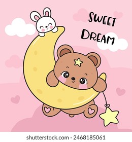 Cute teddy bear and bunny rabbit on moon sweet dream fairy tales. Series: Good night kiss bedtime story Kawaii animals sleeping funny(Character cartoon). For baby t shirt, celebration party, greeting.