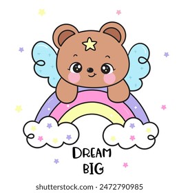 Cute teddy bear and bunny rabbit on rainbow sweet dream fairy tales. Series: Good night kiss bedtime story Kawaii animals sleeping funny (Character cartoon). For baby t shirt, celebration party.