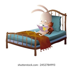 Lindo osito de peluche y conejito libro de lectura en la cama antes de dormir. Cama con juguetes para niños dormitorio y lectura de libros antes de dormir. Clipart de Vector aislado en acuarelas para niños.