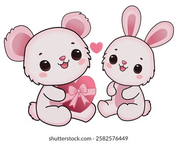 A cute teddy bear and bunny sharing a heart-shaped gift. Their adorable expressions and pastel pink colors create a warm, loving, and romantic atmosphere, perfect for Valentine’s Day.