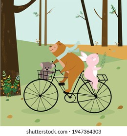 Cute teddy bear, bunny and squirrel having fun with cycle in the forest.