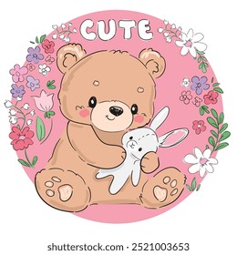 cute teddy bear with bunny toy hand drawn vector illustration 