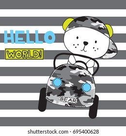 cute teddy bear by car on striped background, teddy bear cartoon vector illustration