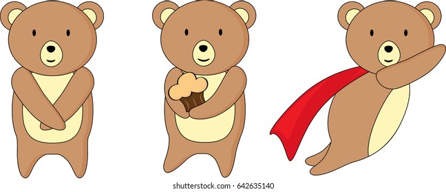Cute teddy bear with cake and flying poses