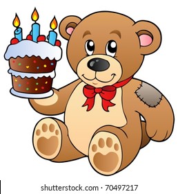 Cute teddy bear with cake - vector illustration.