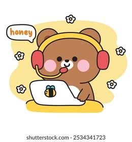 Lindo osito de peluche call center work.Honey word.Bee y flower.Servicio al cliente.Laptops.Wild animal carácter diseño de dibujos animados.Imagen para la tarjeta, cartel, pegatina.Kawaii.Vector.Ilustración.