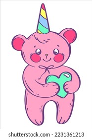 Cute teddy bear in a cap and with a heart in his hands. Pink teddy bear with a unicorn horn. Vector illustration in cartoon style. Children's illustration for clothes. Bright design element.