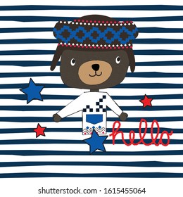 cute teddy bear in cap on striped background vector illustration, T-shirt graphics design for kids