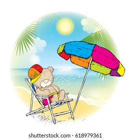 A cute teddy bear in a cap sunbathing in a chaise longue under a multi-colored umbrella. Rest near the sea. Vector illustration for a postcard or a poster.