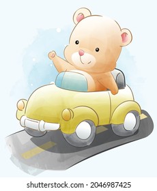 cute teddy bear in car watercolor animals illustration Isolated on white background, for cover book, print, baby shower, nursery decorations, birthday invitations, poster, greeting card,