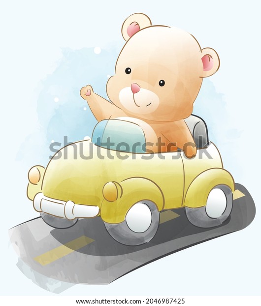 cute teddy bear in car watercolor animals\
illustration Isolated on white background, for cover book, print,\
baby shower, nursery decorations, birthday invitations, poster,\
greeting card,