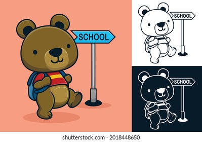 Cute teddy bear carrying bag going to school. Vector cartoon illustration in flat icon style