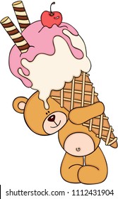 Cute teddy bear carrying a big ice cream cone