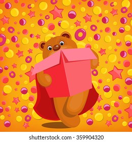 Cute Teddy Bear carrying red open gift box. Vector illustration