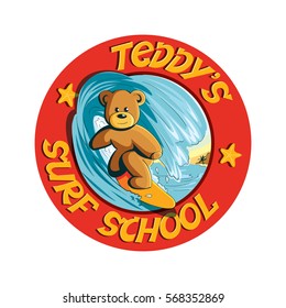 Cute Teddy Bear Cartoon Adventure Sport Kids Surf School Logo
