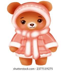 A cute teddy bear cartoon character wearing winter fashion clothes. Vector illustration drawing.