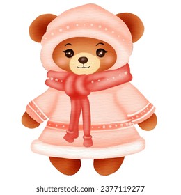 A cute teddy bear cartoon character wearing winter fashion clothes. Vector illustration drawing.