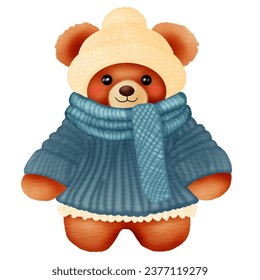 A cute teddy bear cartoon character wearing winter fashion clothes. Vector illustration drawing.