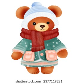 A cute teddy bear cartoon character wearing winter fashion clothes. Vector illustration drawing.