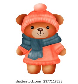A cute teddy bear cartoon character wearing winter fashion clothes. Vector illustration drawing.